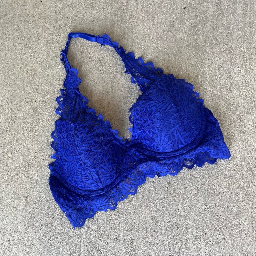 Victoria's Secret PINK Halter Bra Blue Lace Bralette Push Up Lightly Lined Y2K